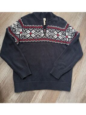 VTG L.L. Bean Cotton Quarter Zip Sweater Red White Navy Fair Isle Cottage Size M
